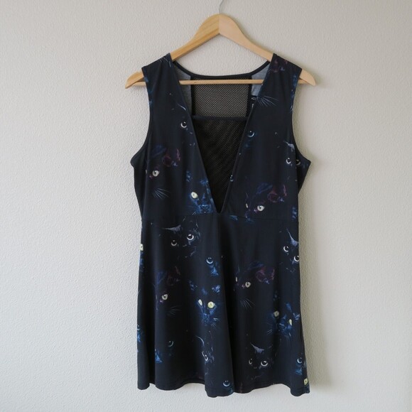 JAWBREAKER Black Cat Print Dress Sz XL Sleeveless V Neck Mesh Panels Fit & Flare - Picture 7 of 9